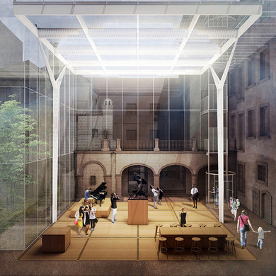 I miejsce w konkursie na koncepcję architektoniczną zadaszenia i aranżacji przestrzeni dziedzińca - lapidarium Muzeum Warszawy. Autor: ARE STIASNY/WACŁAWEK z Warszawy