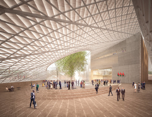 Budynek Zgromadzenie Narodowego Burkina Faso(w trakcie realizacji wg projektu Francis Kéré, laureata Pritzker Prize 2022 (rendering Kéré Architecture)