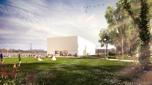Wizualizacja skali i lokalizacji pawilonu Muzeum nad Wisłą projektu Adolfa Krischanitza