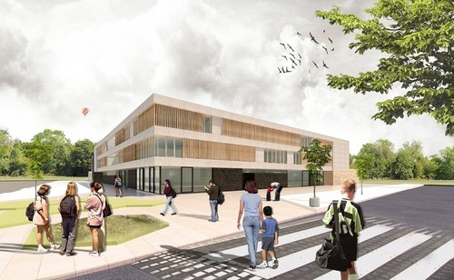 Zespół szkolno-przedszkolny we Wrocławiu - I nagroda w konkursie architektonicznym, autorzy: Adam Derlatka, Tadeusz Derlatka, Agnieszka Gozdek, Joanna Migut; współpraca: Paweł Migut