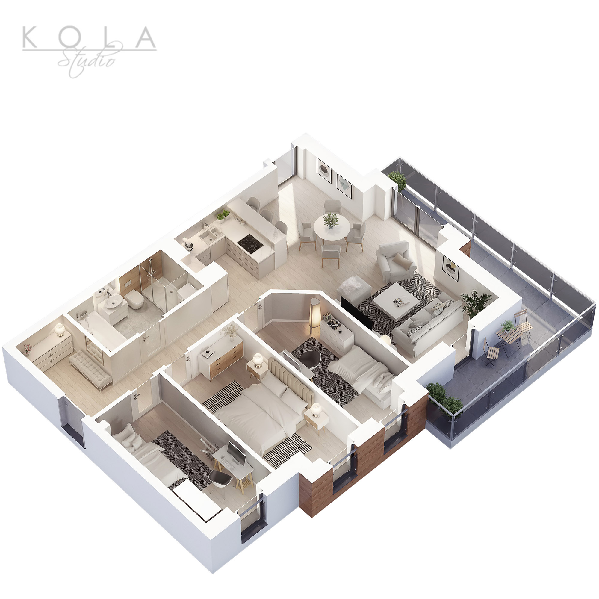 wizulizacja rzutu 3d nowoczesnego mieszkania