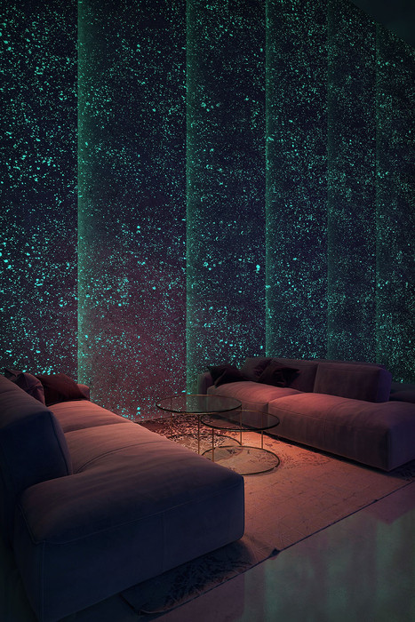 Podświetlony kamień naturalny na ścianie - trawertyn fluorescencyjny w wersji wieczorowej