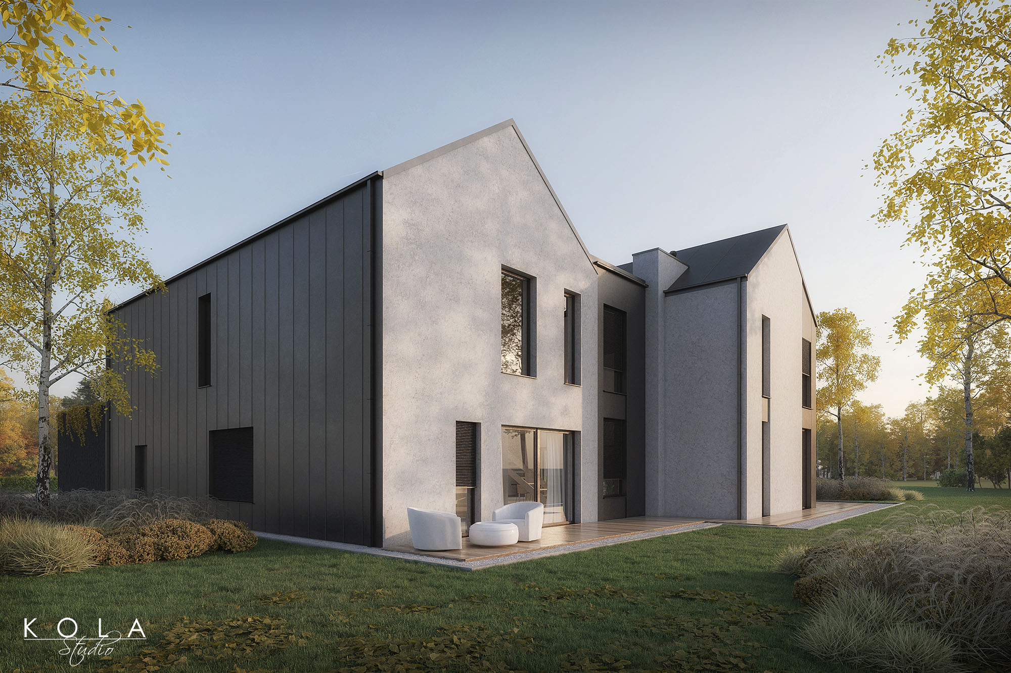 wizualizacje projektu wiejskiego domu jednorodzinnego w stylu nowoczesnej stodoły wykończonego w ciemnym drewnie i betonowym tynku