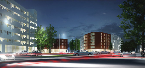  I miejsce w konkursie na koncepcję architektoniczno-urbanistyczną wielorodzinnego budynku mieszkalno-usługowego z zagospodarowaniem terenu oraz parkingu wielopoziomowego w Gliwicach. Autor: Szumielewicz, Sobczyk, Ciechan – Architekci