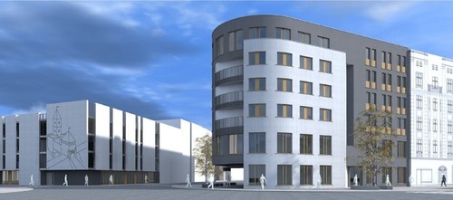 Wyróżniene równorzędne w konkursie na koncepcję architektoniczno-urbanistyczną wielorodzinnego budynku mieszkalno-usługowego z zagospodarowaniem terenu oraz parkingu wielopoziomowego w Gliwicach. Autor: m2studio