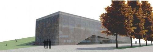 Widok północno-wschodni - Innowacyjne Centrum Zintegrowanych Usług, Przestrzeni Informacyjnych i Bibliotecznych  Politechniki Opolskiej - II nagroda. Autor: pracownia NUA Studio