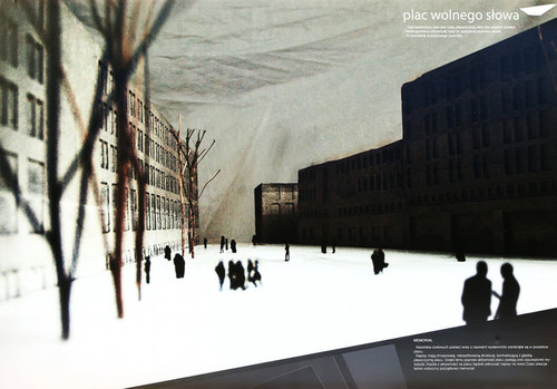 Memoriał Wolnego Słowa - wyróżnienie; autor projektu:  ARC Autorska Pracownia Architektury: Jakub Kawałkowski, Łukasz Mużacz, Zofia Roguska, Maciej Roguski 