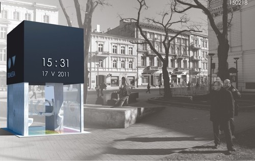 Wyróżnienie I stopania w konkursie na toaletę publiczną w Łodzi. Autorzy projektu: Bartłomiej Ordon, Izabela Niemkowska i Alicja Dziurosz - studenci Politechniki Śląskiej