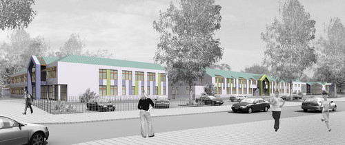 I miejsce w konkursie na opracowanie koncepcji architektoniczno-budowlanej kompleksu przedszkolno-szkolnego w Warszawie. Autor projektu: Pracownia Architektoniczna BNS