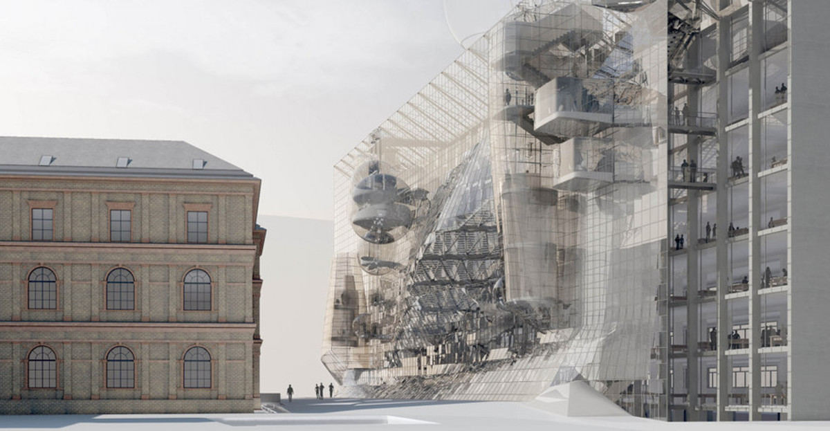 Konkursowy, zwycięski projekt architektoniczny na powiększenie siedziby Uniwersytetu Sztuki Stosowanej w Wiedniu; autor projektu: Wolfgang Tschapeller