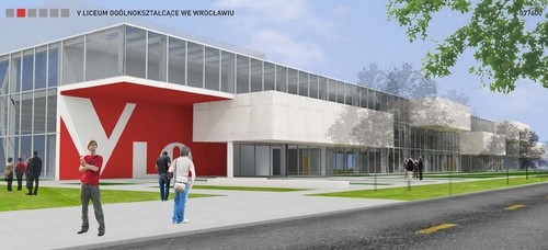Projekt nowej siedziby Zespołu Szkół Ogólnokształcących nr V przy ulicy Ślężnej we Wrocławiu.