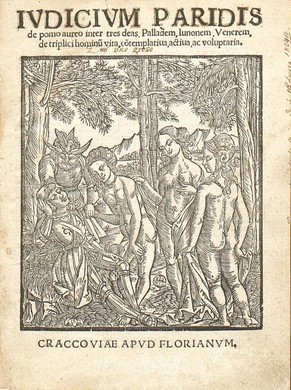 1.Strona tytułowa Judicium Paridis, Jacobus Locher, Cracoviae 1522, Biblioteka Jagiellońska w Krakowie; żródło: Instytut Teatralny