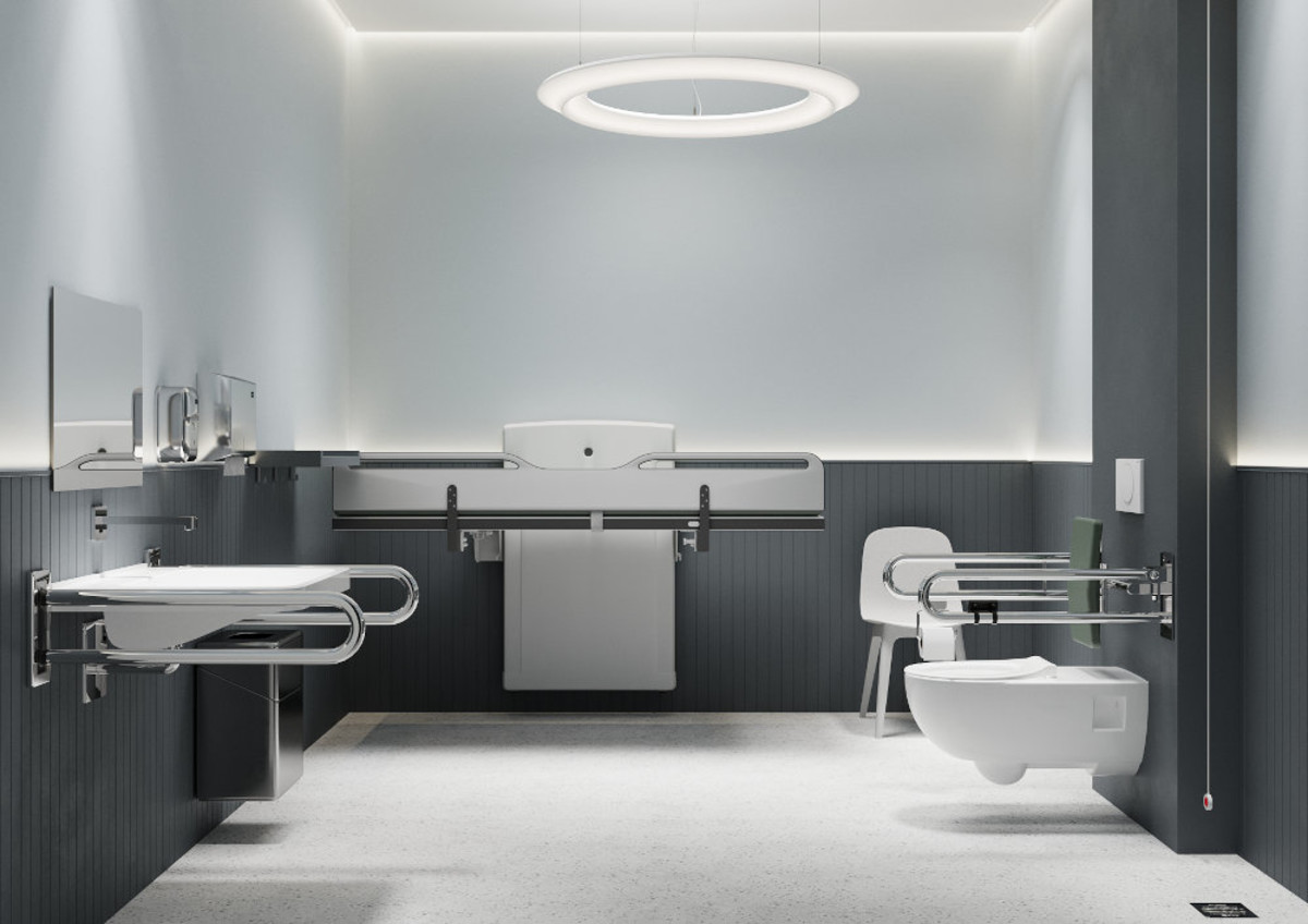 Publiczna łazienka z wyposażeniem dla niepełnosprawnych