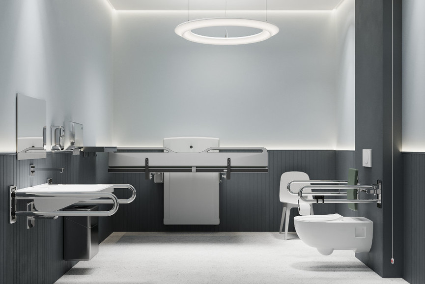 Publiczna łazienka z wyposażeniem dla niepełnosprawnych