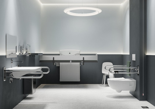 Publiczna łazienka z wyposażeniem dla niepełnosprawnych